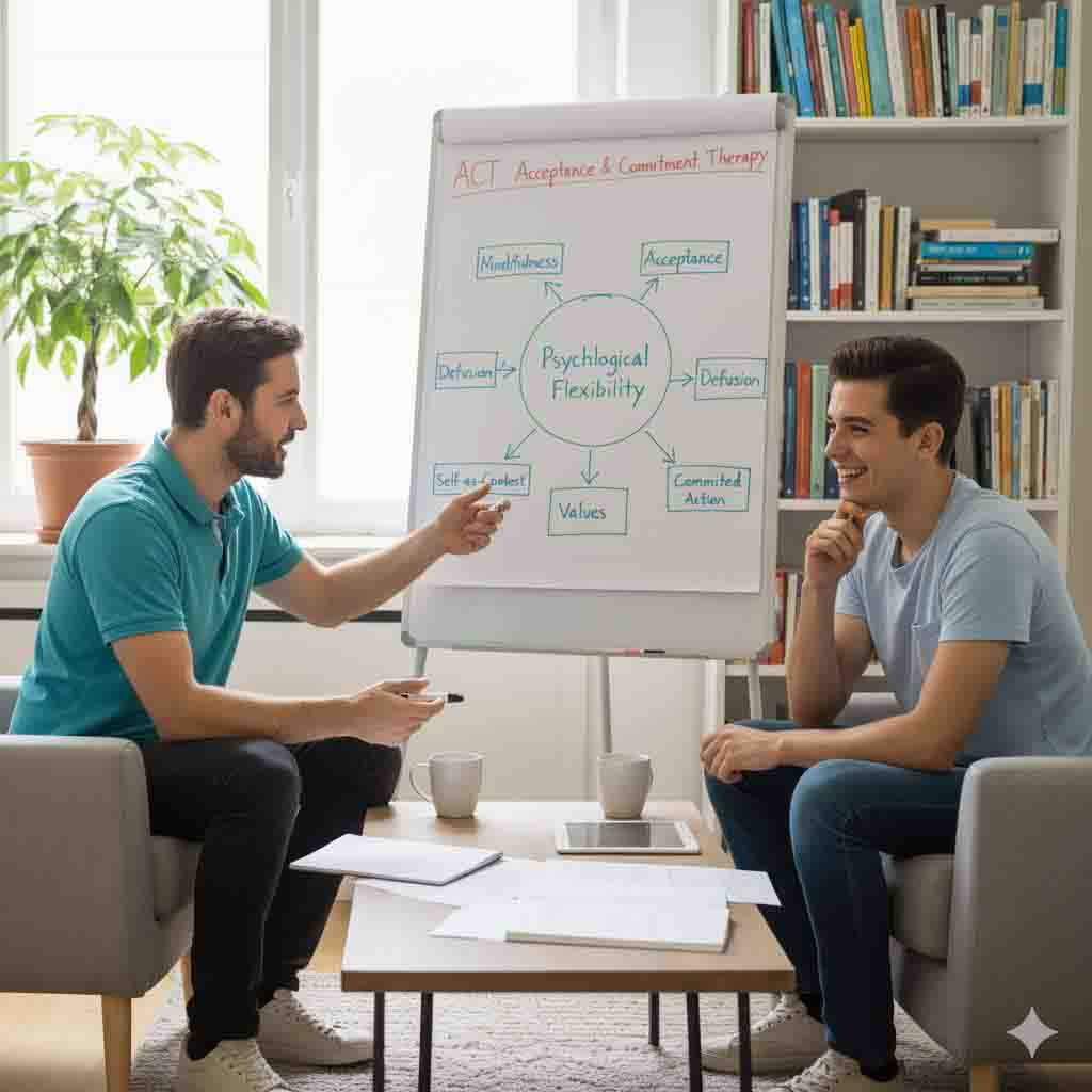 Image of therapist discussing Acceptance and Commitment Therapy (ACT) with a client