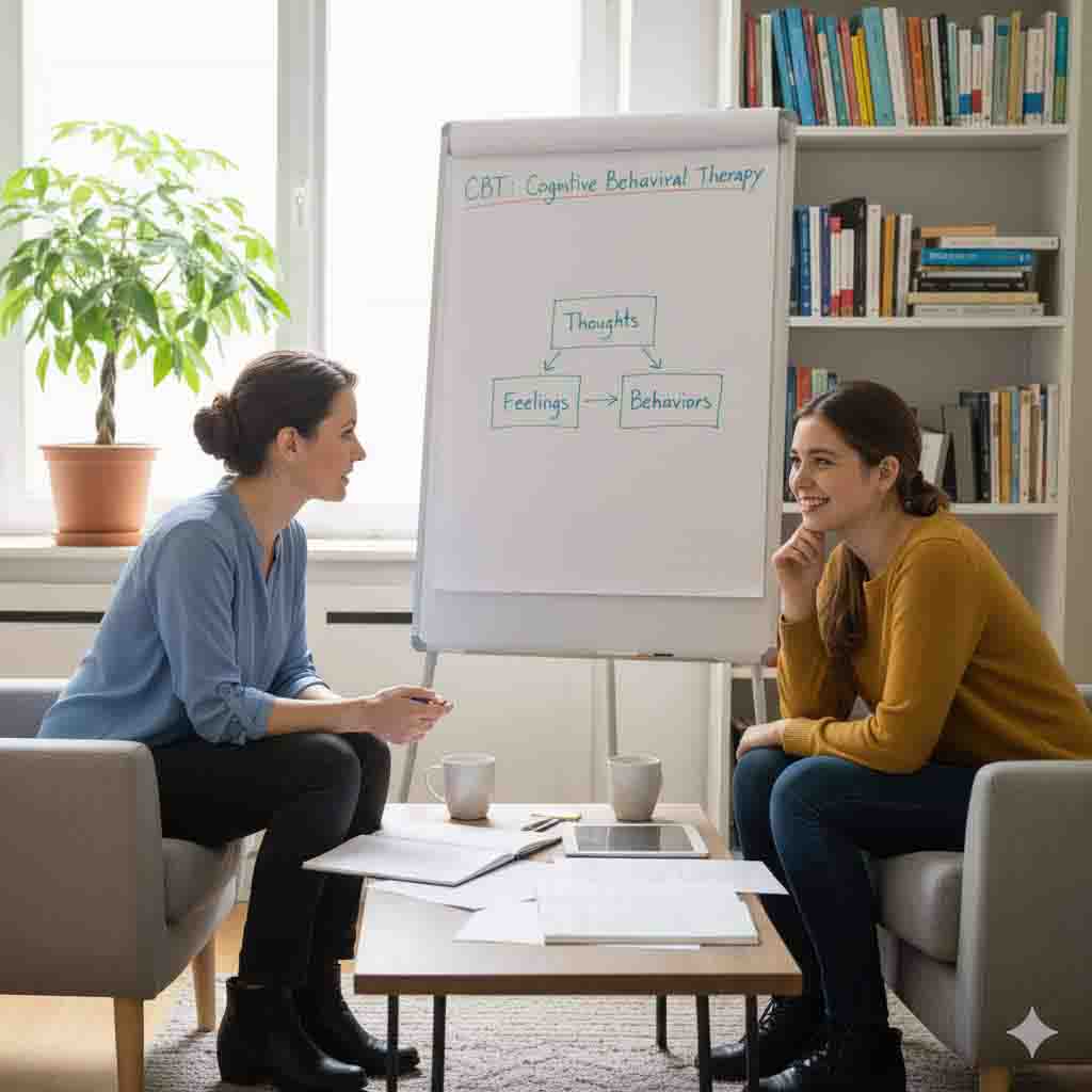 Image of therapist discussing Cognitive Behavioral Therapy (CBT) with a client