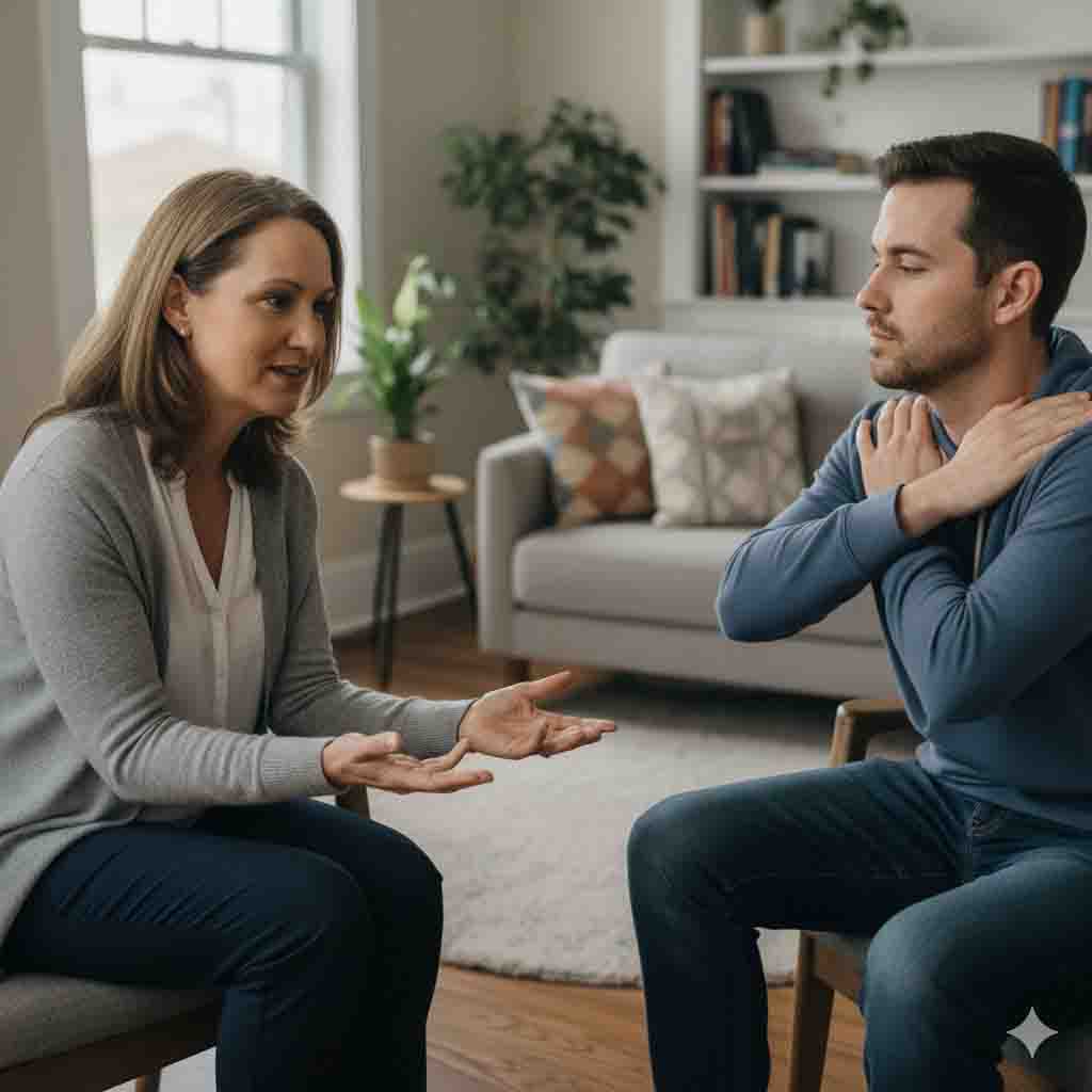 Image of therapist having a client doing bilateral tapping