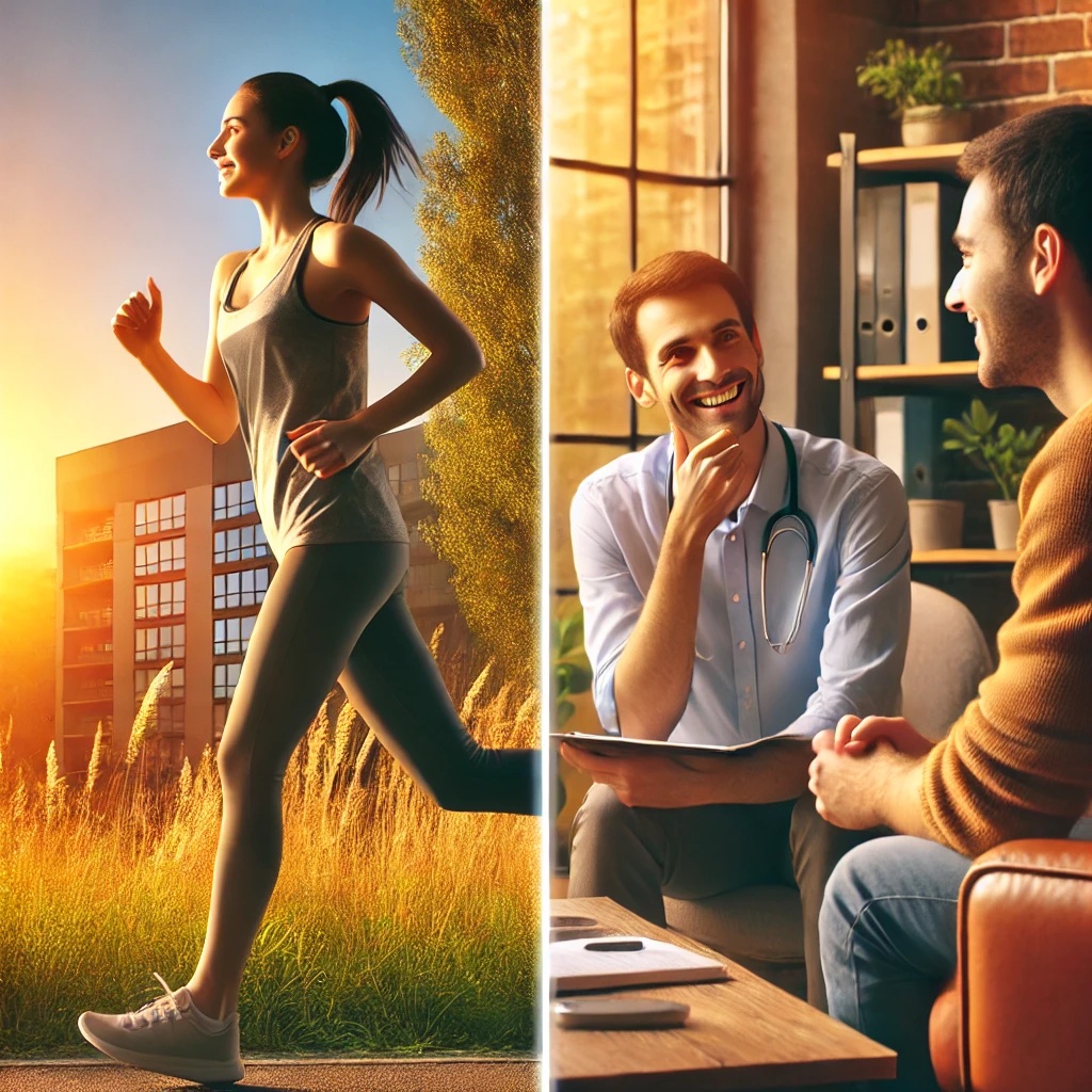 AI-generated image of a woman jogging and two men in counseling