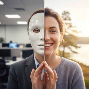Person wearing a mask hiding emotion, but happy after therapy