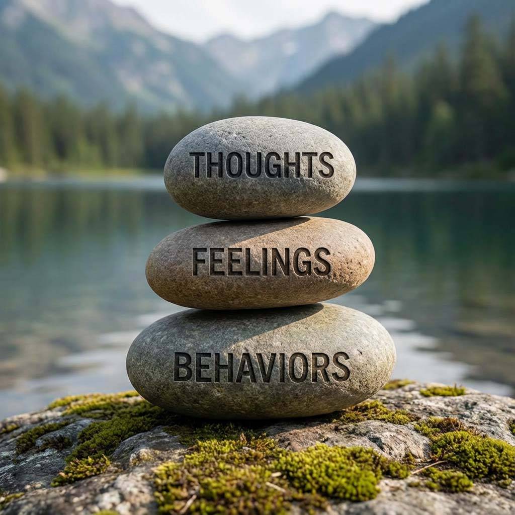 Stacked stones labeled 'Thoughts', 'Feelings', and 'Behaviors' for Cognitive Behavioral Therapy
