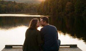 Couple sitting close on a dock at sunset, forehead-to-forehead, symbolizing renewed intimacy and commitment to rebuilding their relationship foundation.