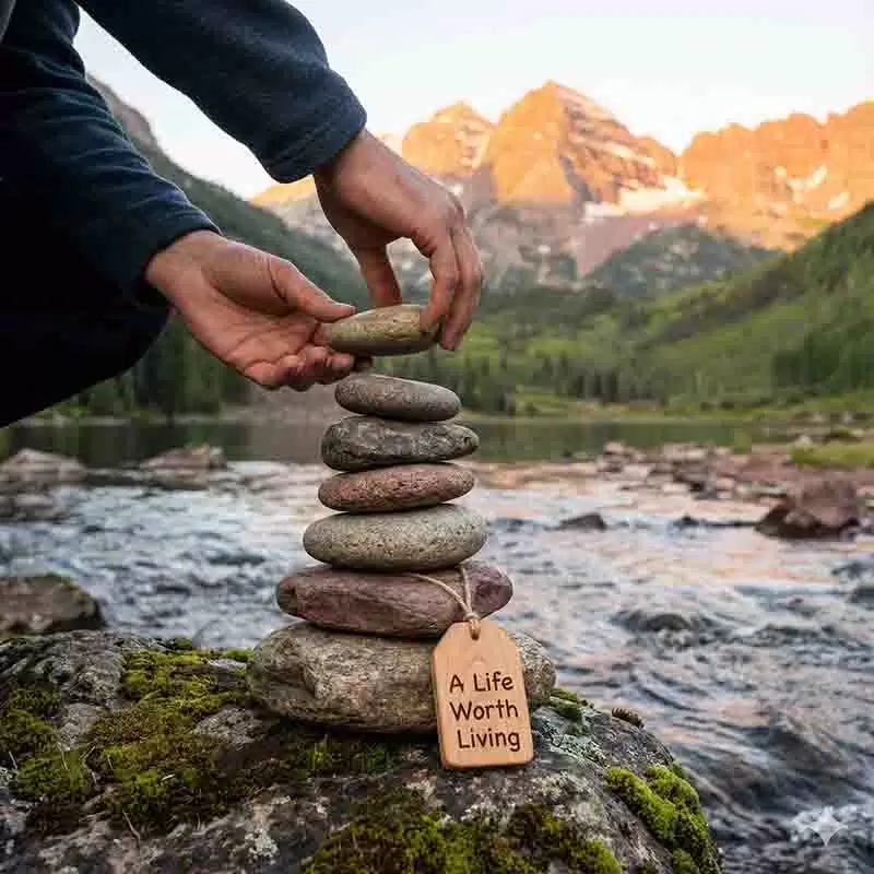 Hands stacking stones labeled 'A Life Worth Living' for Dialectical Behavior Therapy