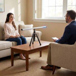 Client using EMDR light bar and tappers for trauma processing