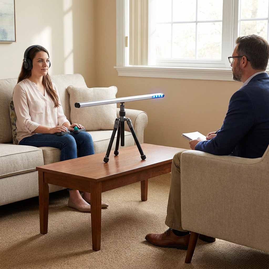 Client using EMDR light bar and tappers for trauma processing