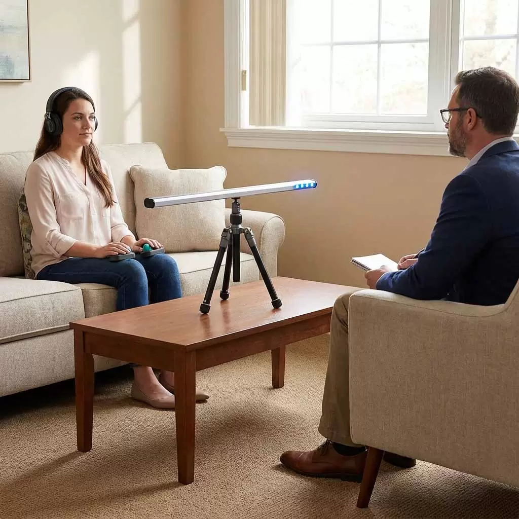 Client using EMDR light bar and tappers for trauma processing