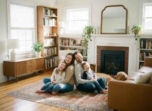 Joyful family sitting back-to-back showing connection in family therapy