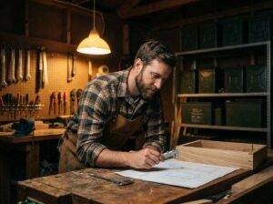 man working in a workshop looking at instructions