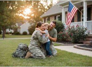 Female military service member hugging her husband and daughter at home, symbolizing the joy and challenges of reintegration after deployment.