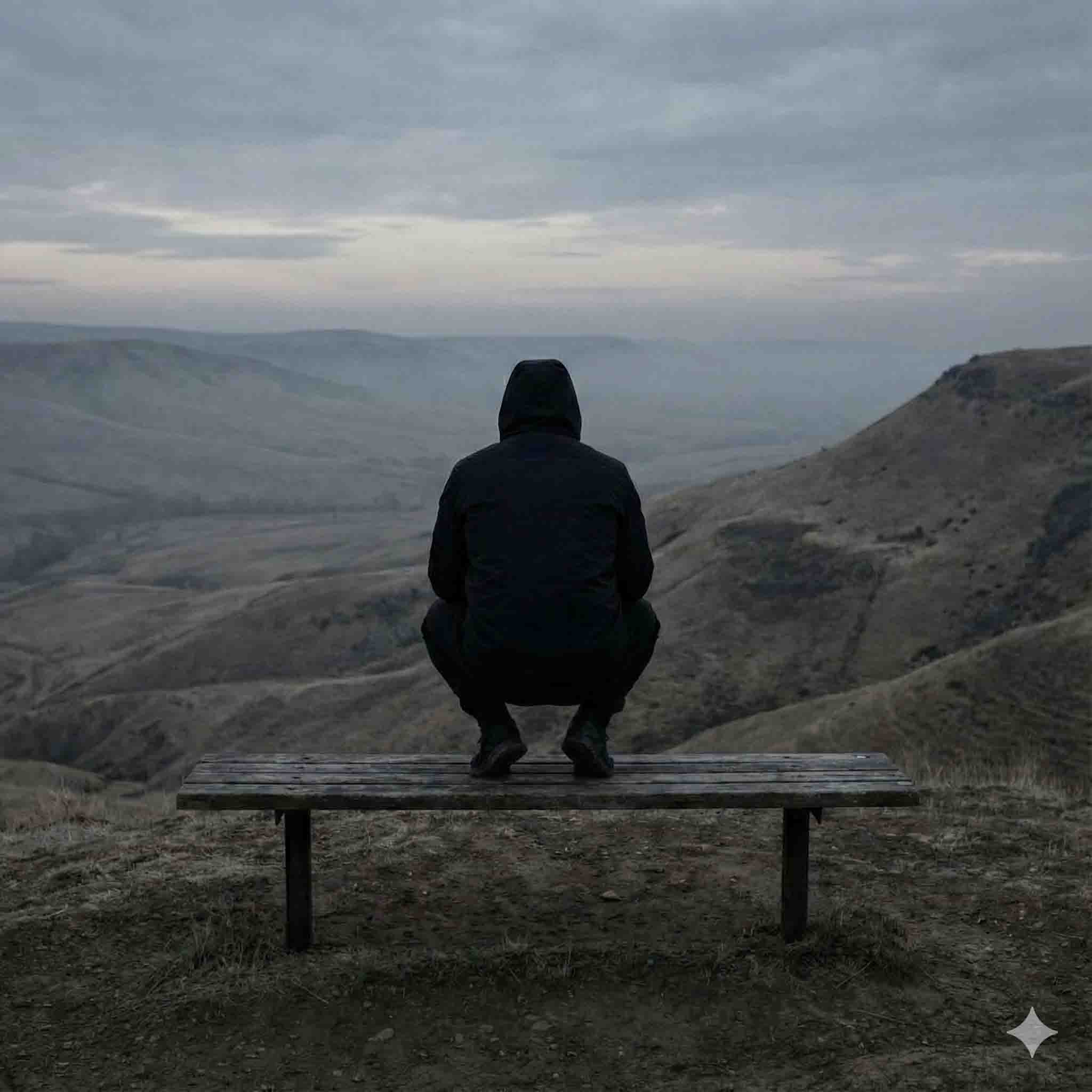 Image of a A lone figure sitting on a bench overlooking a vast, quiet landscape