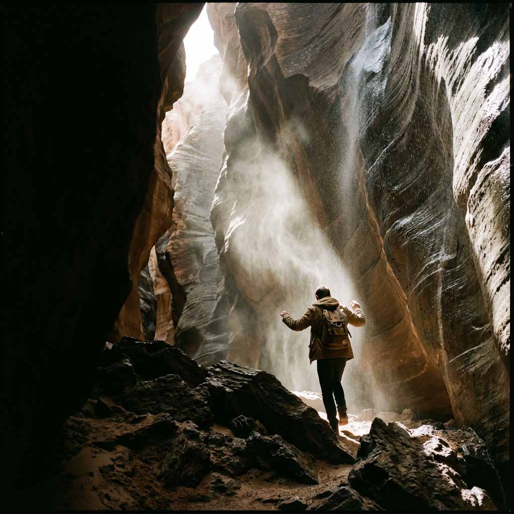 Hiker stepping from shadow into sunlight symbolizing confidence