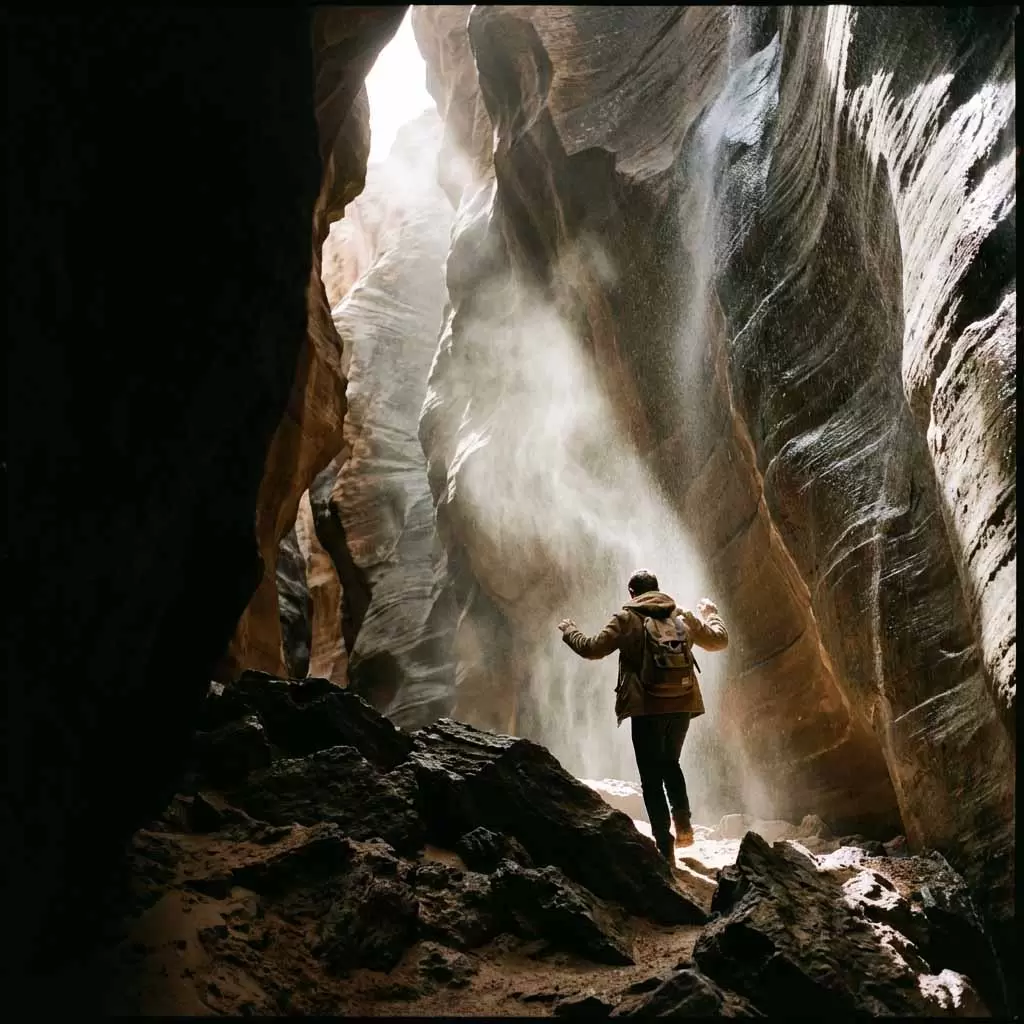 Hiker stepping from shadow into sunlight symbolizing confidence