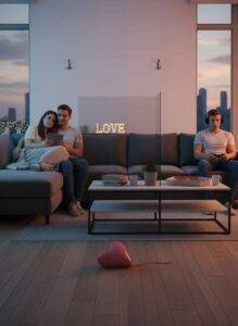 Split image of a couple on a sofa, showing intimacy on one side and emotional distance on the other, visualizing the 'soulmate to roommate' effect in relationships.