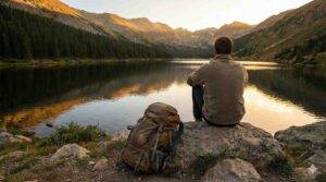 Veteran resting by a mountain lake with his rucksack set down, symbolizing setting down the heavy mission and finding peace from operational stress.