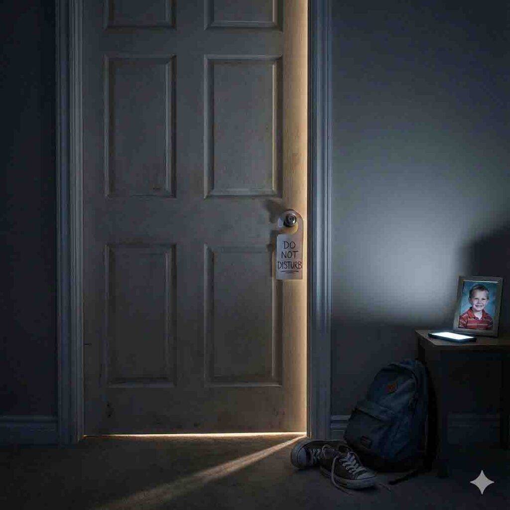 Closed bedroom door with a 'Do Not Disturb' sign, symbolizing the emotional withdrawal and isolation central to the struggles of adolescence.