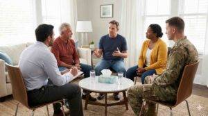 Diverse support group including a military service member sitting in a circle, illustrating the shared healing found in GriefShare and trauma groups.
