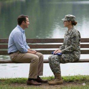 Service member holding a folded burial flag sits with a counselor for specialized military grief support and trauma recovery.