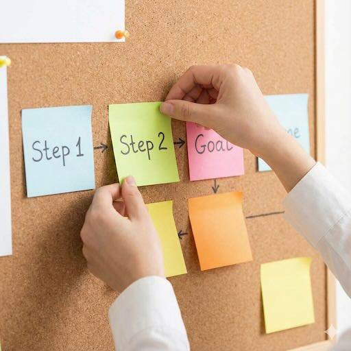 Hands arranging labeled sticky notes symbolizing the skills of breaking down tasks and planning learned in ADHD therapy.