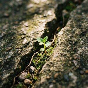 Plant growing through rocky soil symbolizing resilience and growth after childhood trauma.