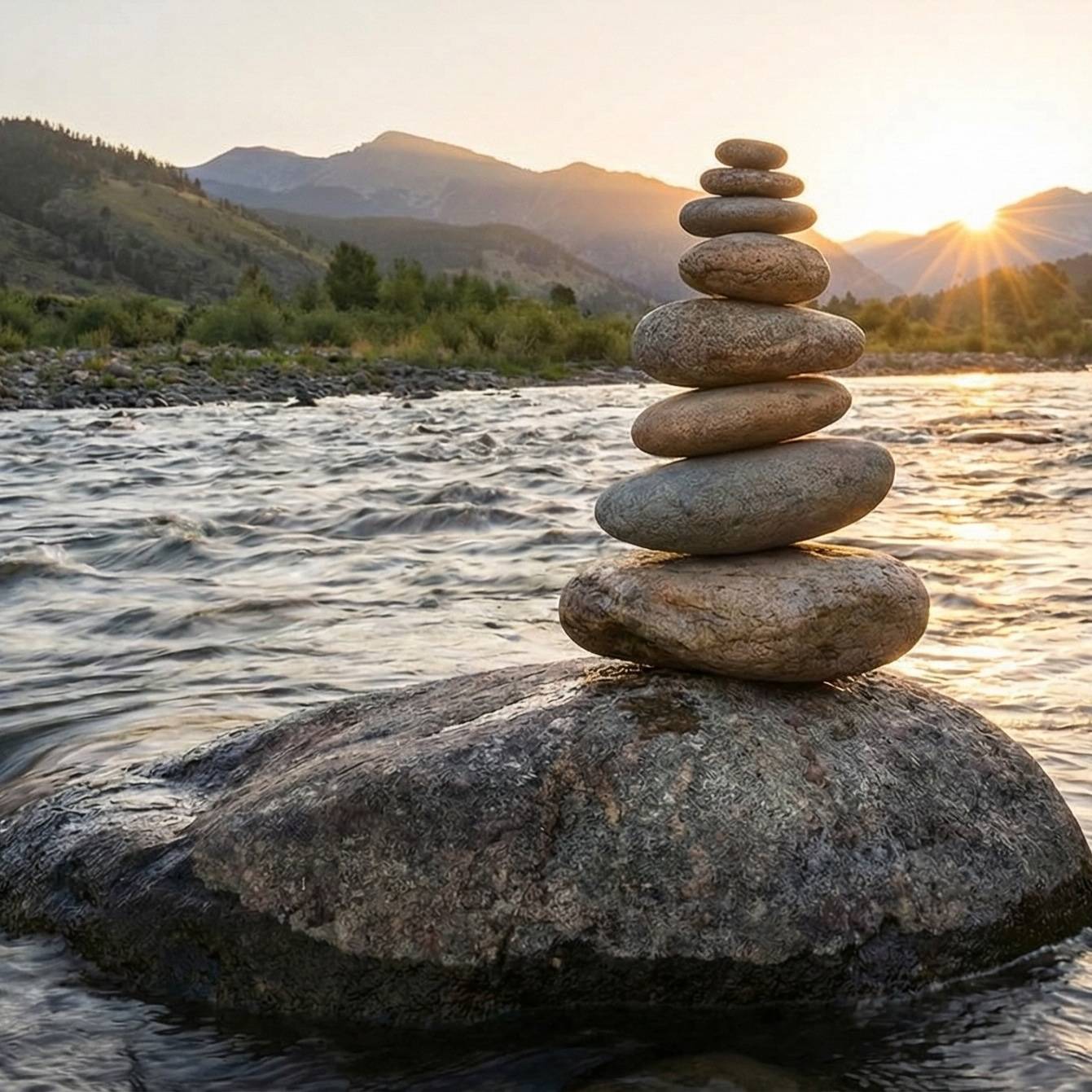 Cairn of balanced stones in a flowing, choppy river, symbolizing the stability and emotional regulation skills taught in Dialectical Behavior Therapy (DBT)