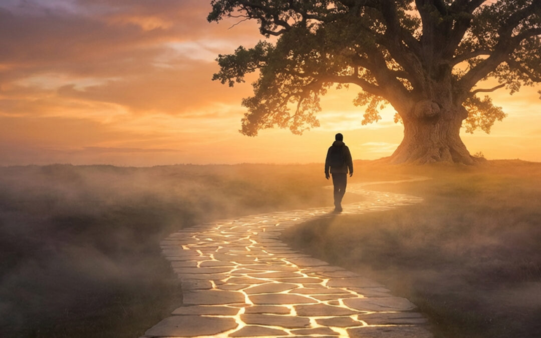 A golden path through a mountain landscape leading toward a large, sunlit oak tree, symbolizing the journey from the shame of moral injury to spiritual restoration and healing.