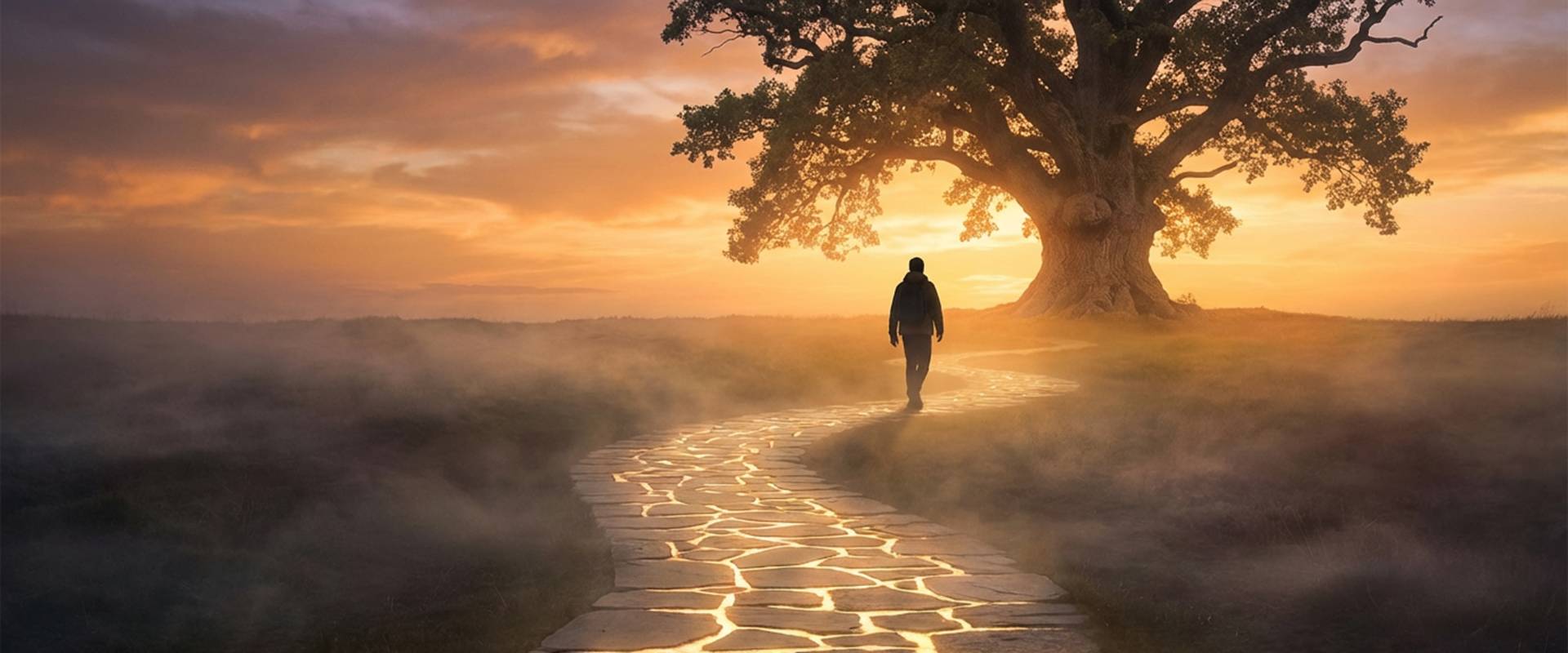 A golden path through a mountain landscape leading toward a large, sunlit oak tree, symbolizing the journey from the shame of moral injury to spiritual restoration and healing.