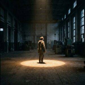 A solitary figure standing in a small circle of light surrounded by shadows, illustrating the isolation and avoidance behaviors of PTSD.