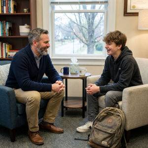 Male counselor and teen engaged in a supportive teen counseling session