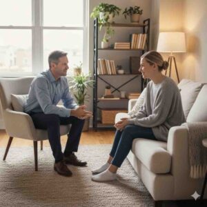 Male counselor and client smiling and engaging in a session, representing the supportive and relational focus of adult counseling.