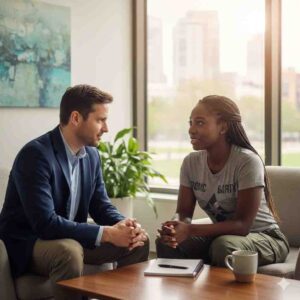 Therapist listening to a client for anxiety and stress relief