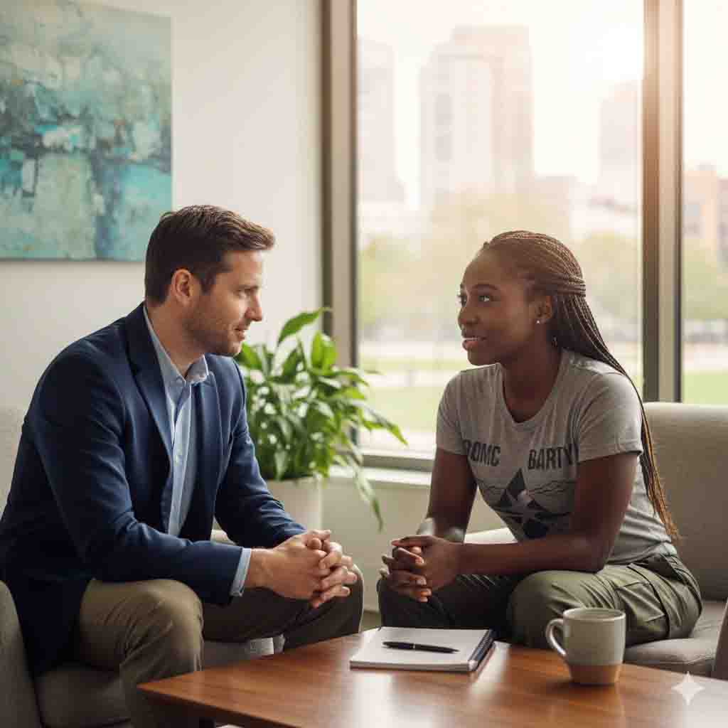 Therapist listening to a client for anxiety and stress relief