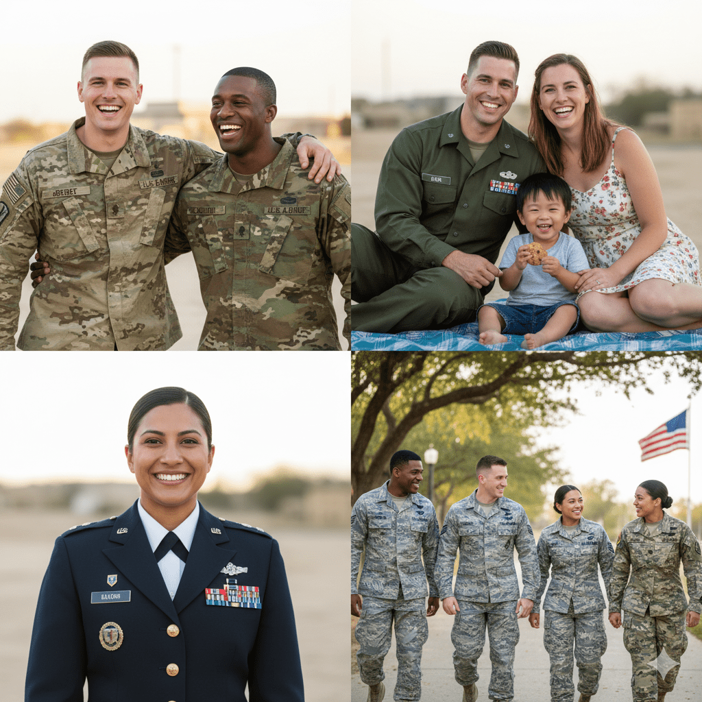 collage of military life, battle buddies, service member and his family, female service member, battle buddies