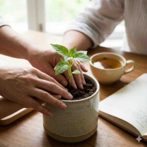 Hands nurturing a young plant for anxiety therapy growth