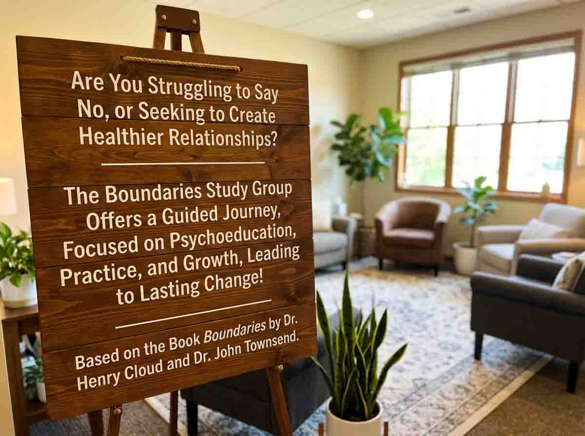 Image of a sign in a counseling room that says " Are You Struggling to Say No, or Seeking to Create Healthier Relationships"