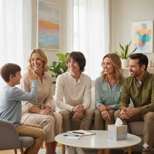 Five family members happily interacting and smiling together, representing the functional structure and strong connections achieved through Family Systems Therapy.