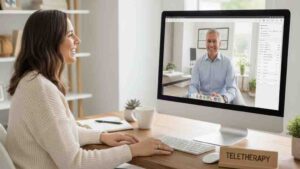 Person i front of computer during a teletherapy session