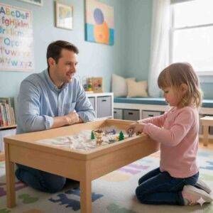 Male therapist observing a child in sand tray therapy for trauma