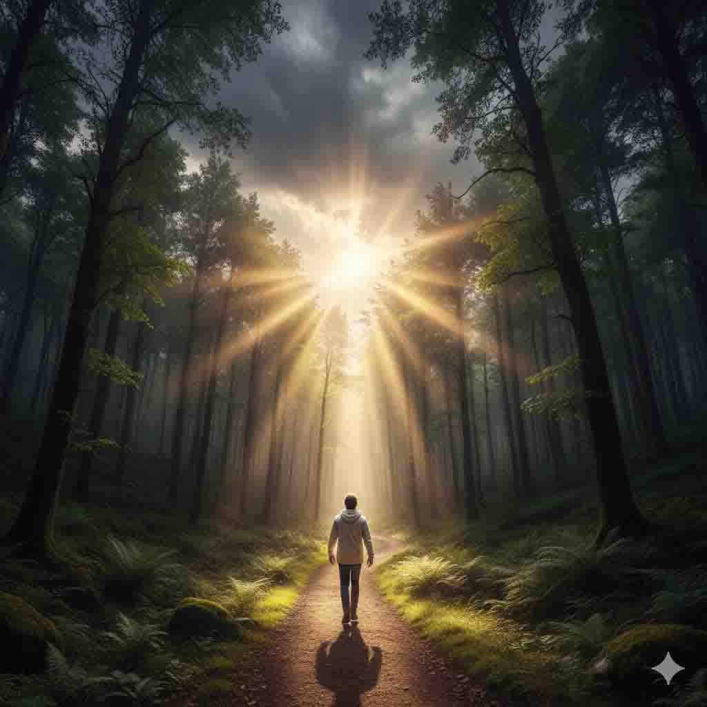 Image of a A lone figure sitting on a bench overlooking a vast, quiet landscape