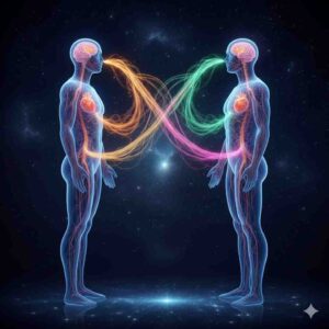 Digital illustration of two figures connected by brightly colored flowing light streams between their brains and hearts, symbolizing limbic resonance and human connection.
