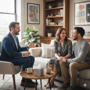 Therapist smiling and talking with a couple during a counseling session