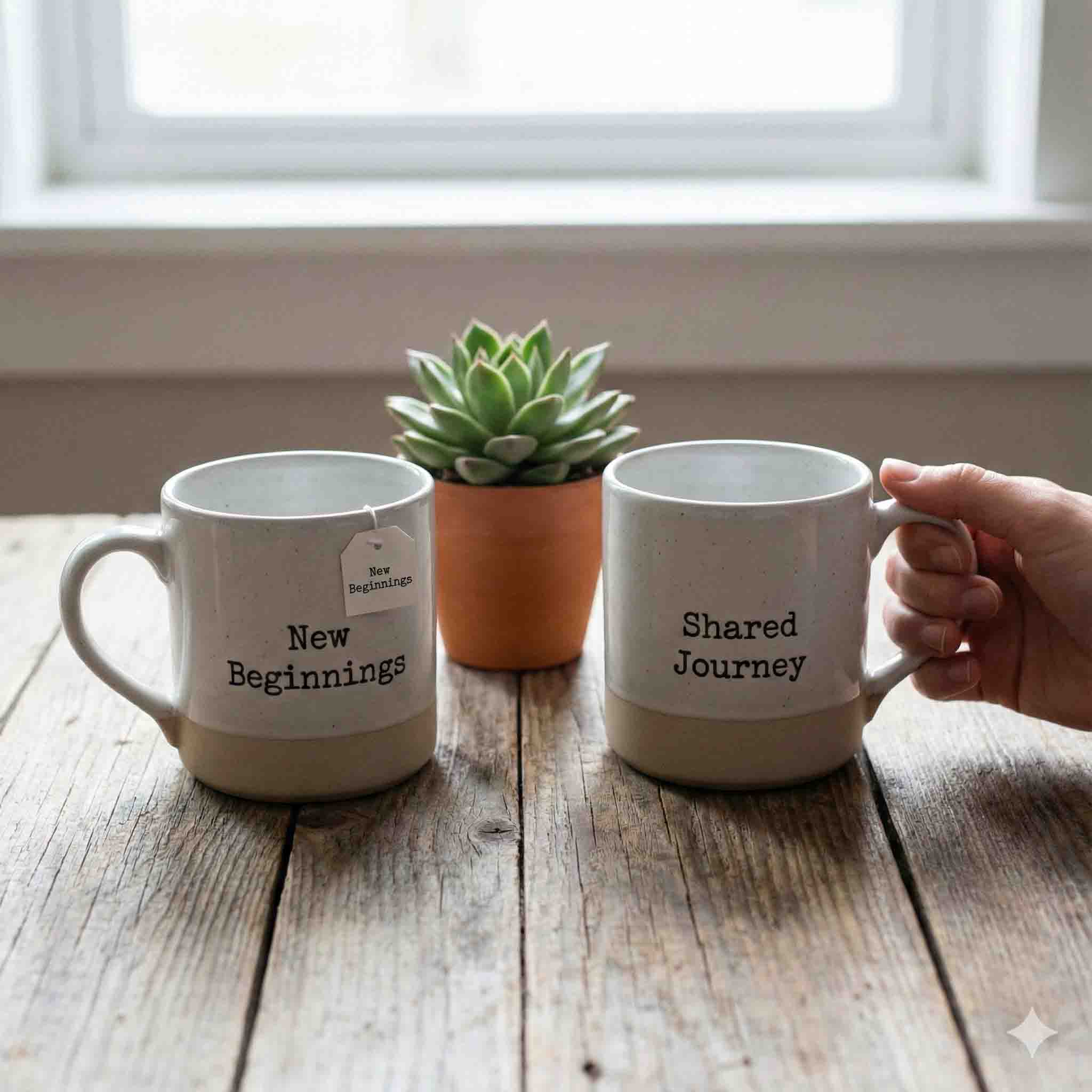 Two mugs labeled 'New Beginnings' and 'Shared Journey'